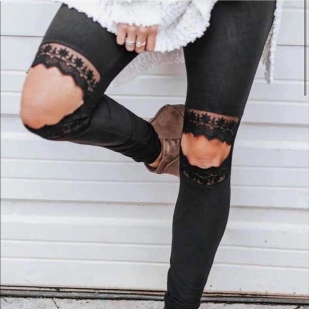 Black leggings with lace knees
